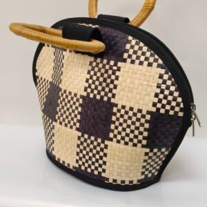 Black and natural checker weave handmade eco bag with round rattan handles