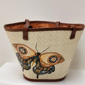 Hand-painted woven eco bag with orange and black butterfly design and brown trim