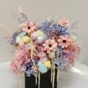 Pastel dried flower arrangement with pink and blue hydrangea