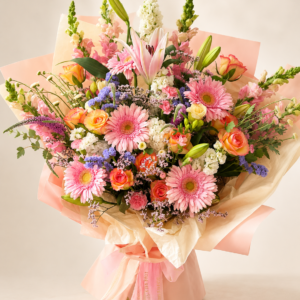 Large pink garden bouquet with lilies, gerberas, roses and seasonal flowers