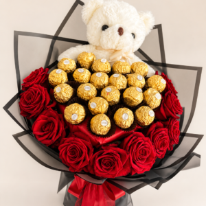 Red rose bouquet with Ferrero Rocher chocolates and white teddy bear