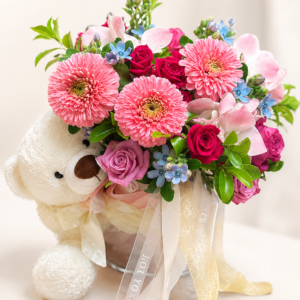 Pink Joy bouquet with pink gerberas roses and blue flowers Auckland arrangement with white teddy bear
