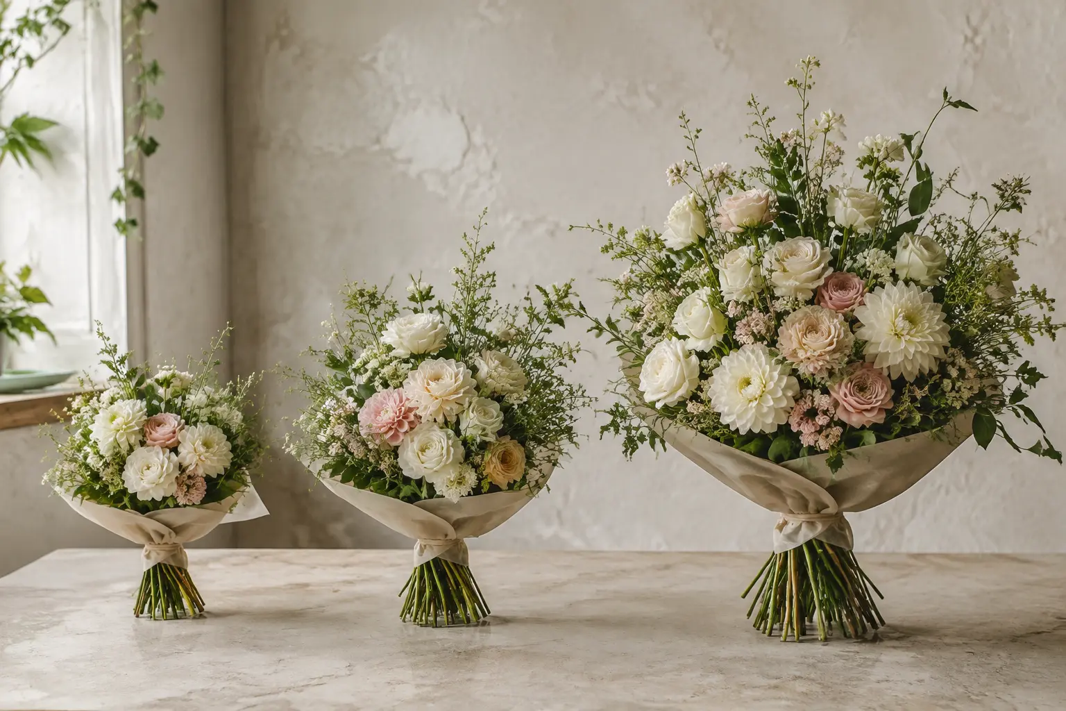Three seasonal bouquets arranged in Classic, Signature and Grand scales