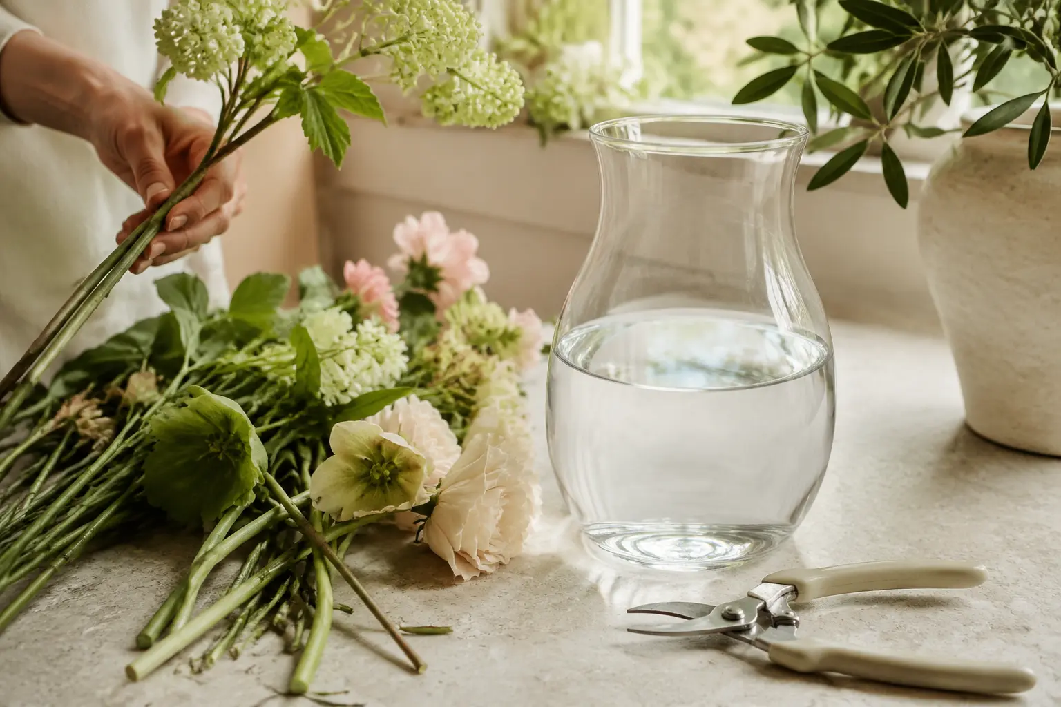 Fresh flower stems, clean floral snips and a glass vase ready for flower care
