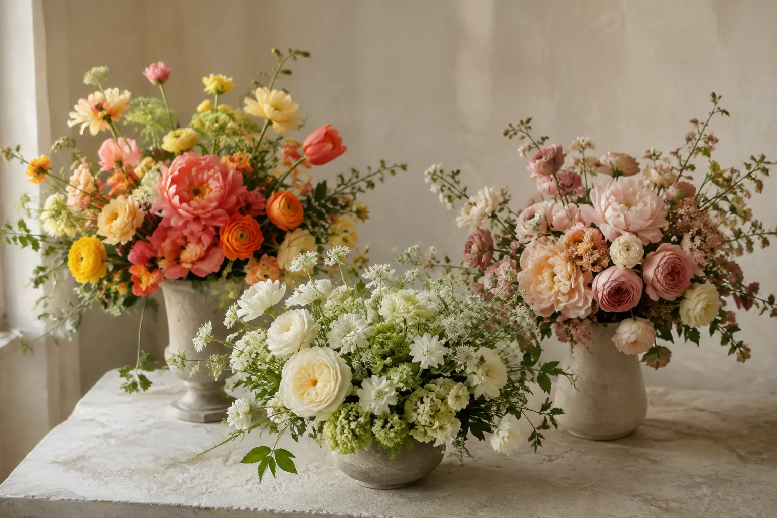 Thoughtful seasonal flower arrangements in joyful, gentle and romantic colour palettes