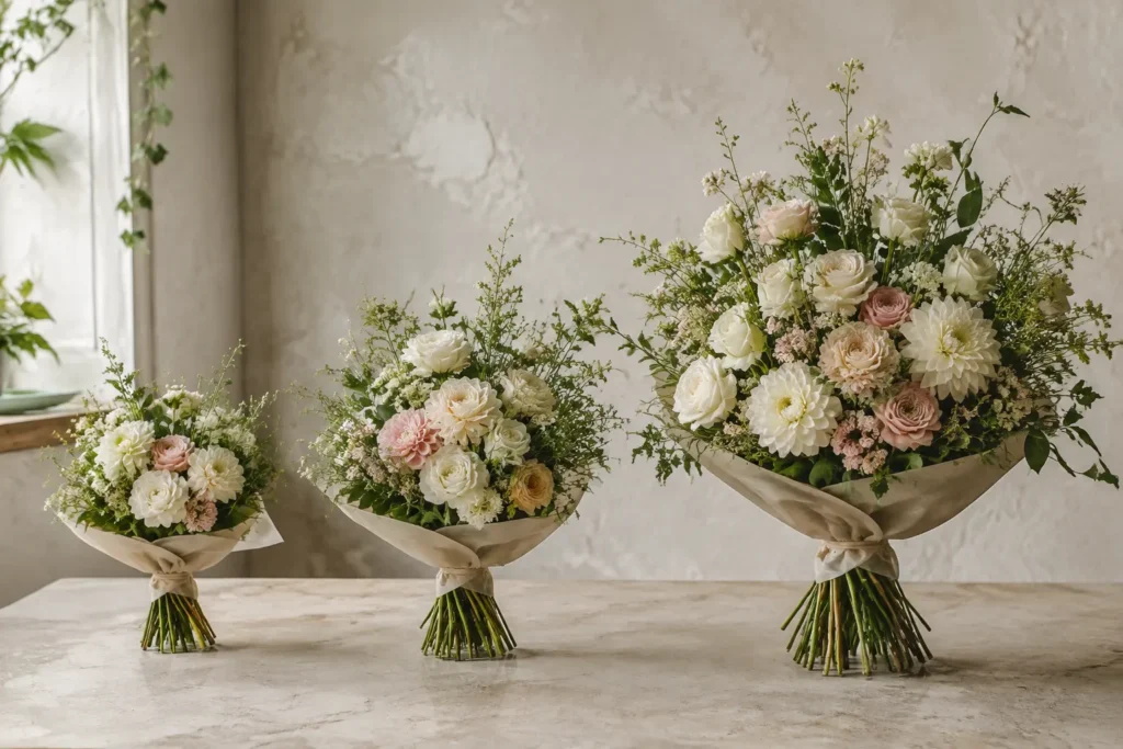 Three white and blush seasonal bouquets arranged in different sizes