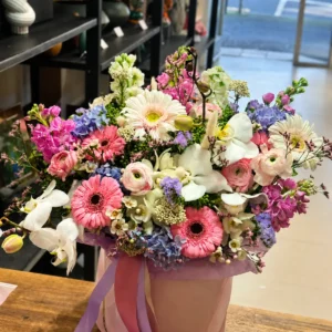 Large pastel orchid, gerbera and hydrangea flower box by Camellia & Co Auckland florist.