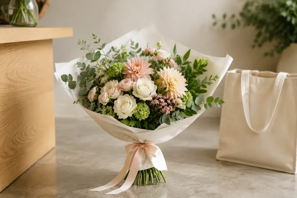 A wrapped bouquet ready for local pickup or flower delivery in Auckland
