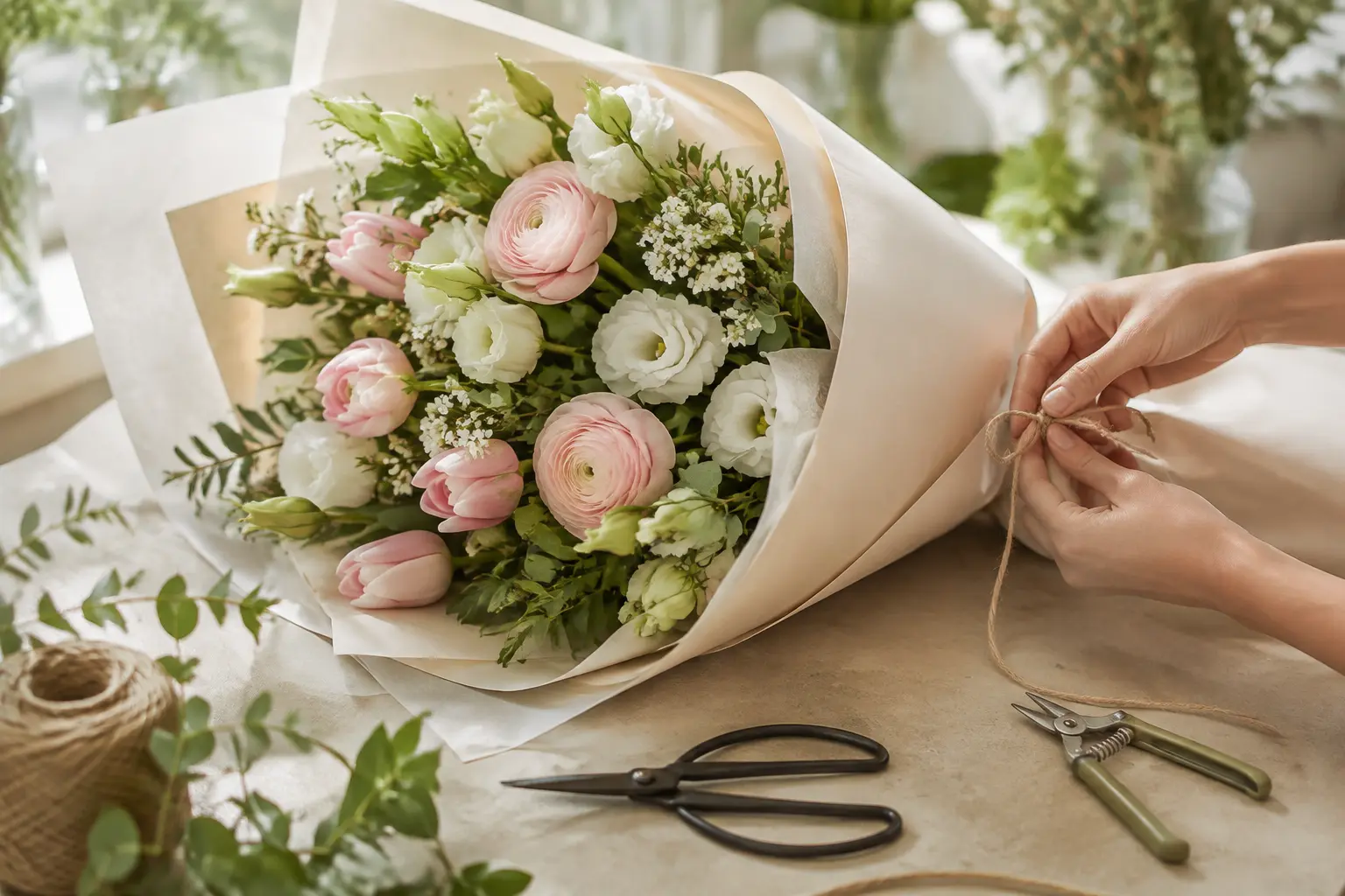 Fresh seasonal bouquet prepared on a florist workbench near Richardson Road in Auckland