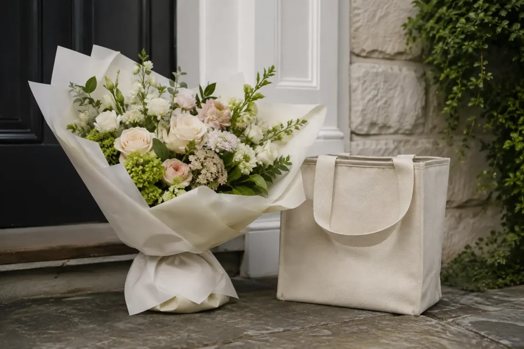A carefully wrapped seasonal bouquet prepared for Auckland flower delivery