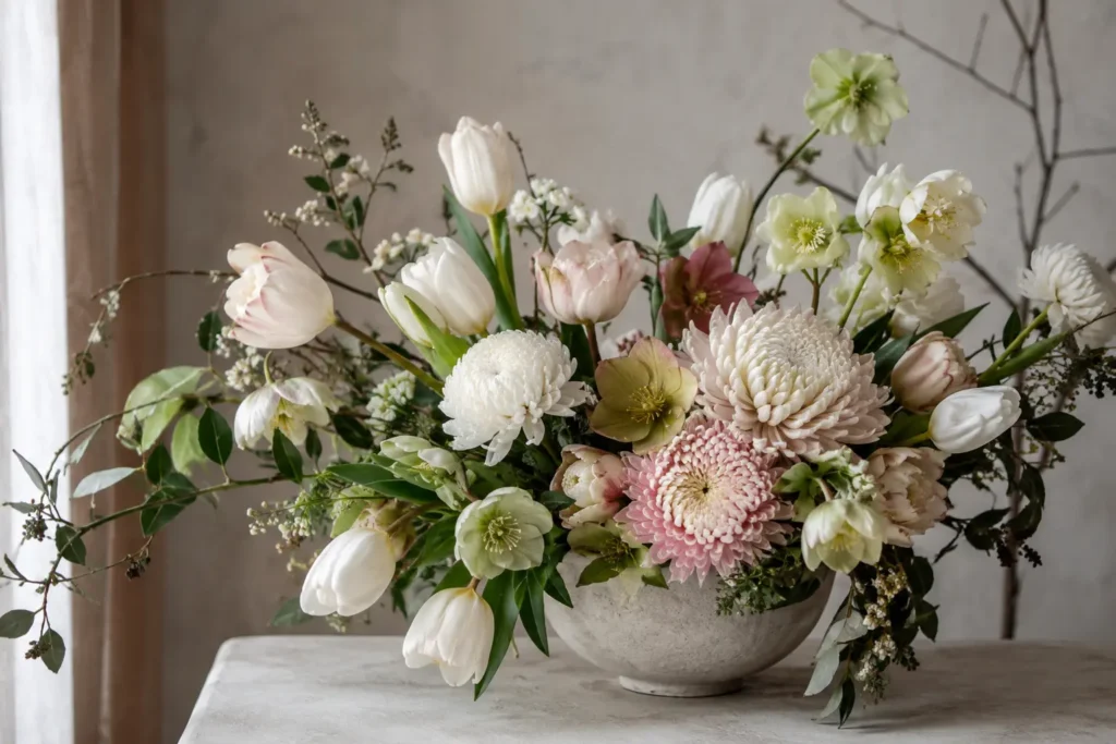Winter tulips, hellebores and chrysanthemums arranged in soft Auckland daylight