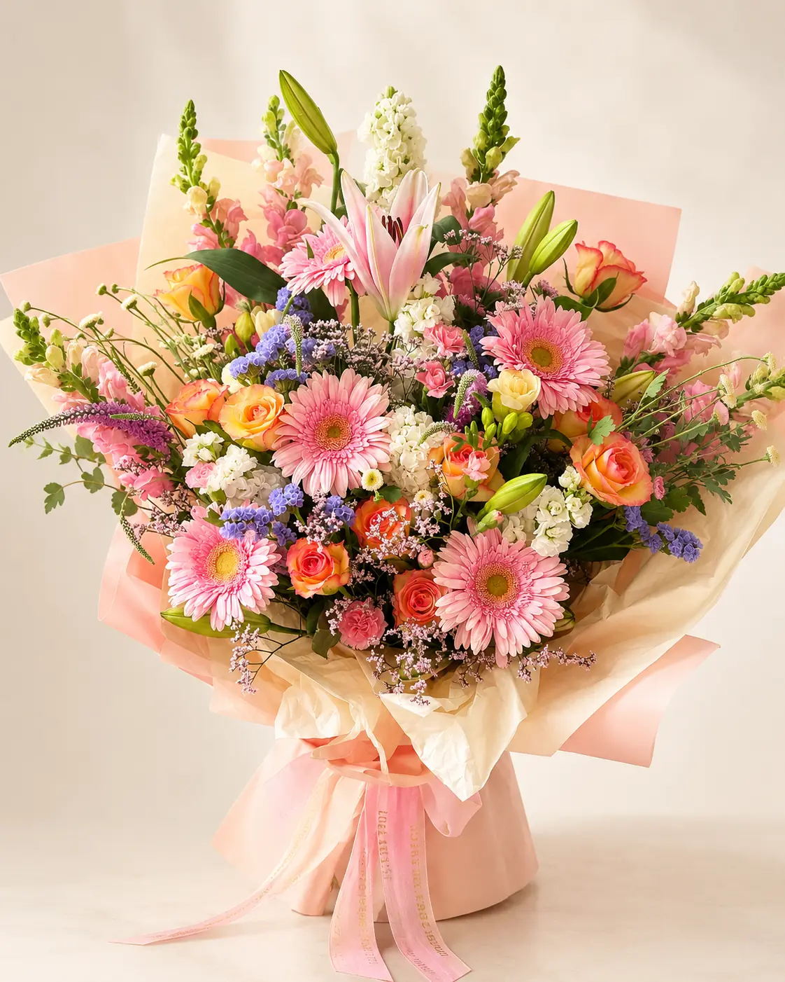 Large pink garden bouquet with lilies, gerberas, roses and seasonal flowers
