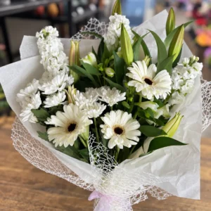 White Grace bouquet with white lilies, gerberas, stock and chrysanthemums