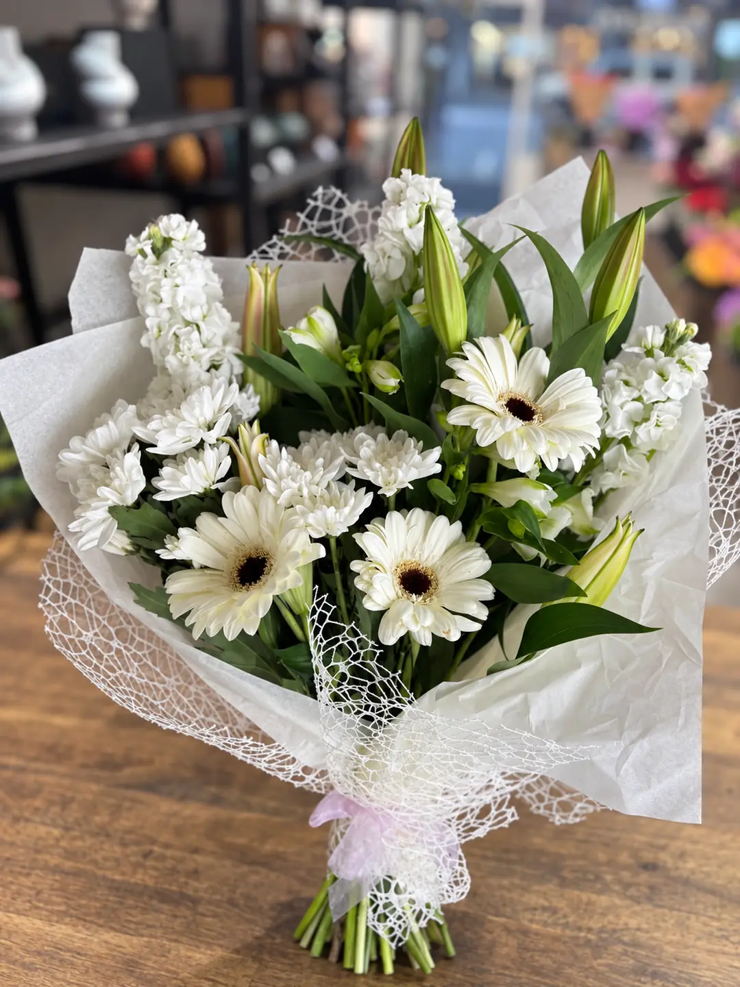 White Grace bouquet with white lilies, gerberas, stock and chrysanthemums